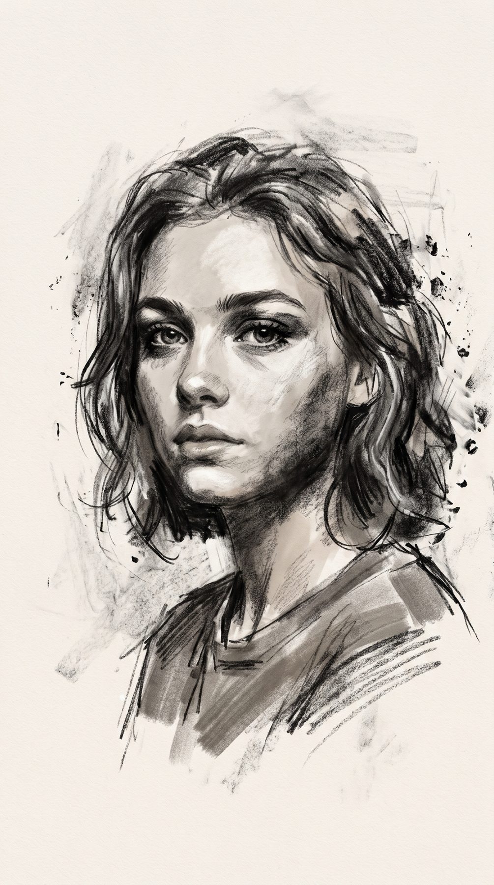 Expressive charcoal portrait of a woman with loose shoulder-length hair, generated using a ChatGPT and Gemini AI Prompt.