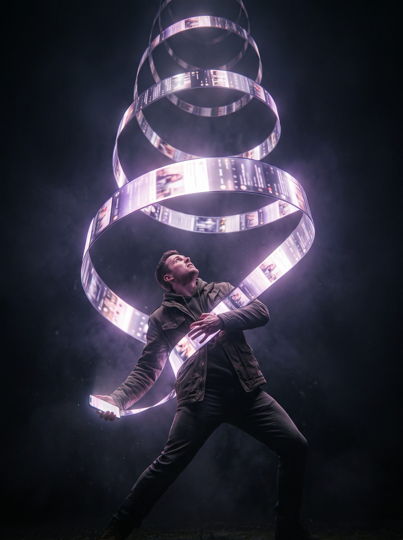 A man looks up at glowing interface ribbons in a futuristic portrait, generated using our ChatGPT and Gemini AI Prompt.