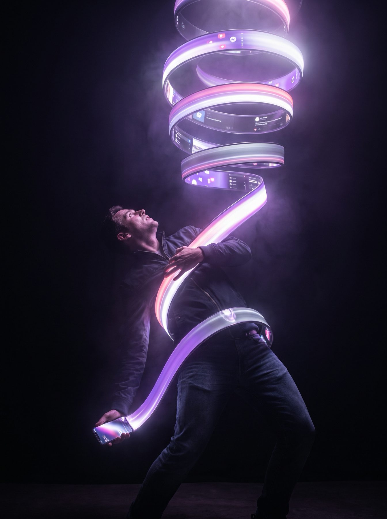 A man looks up as luminous interface ribbons spiral around him, made with an AI Prompt for ChatGPT and Gemini.