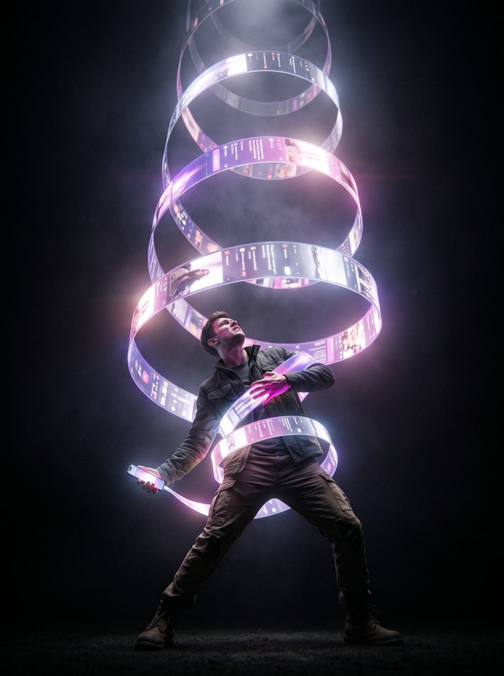 A man holds a phone as digital interface ribbons spiral around him, created with an AI Prompt for ChatGPT and Gemini.
