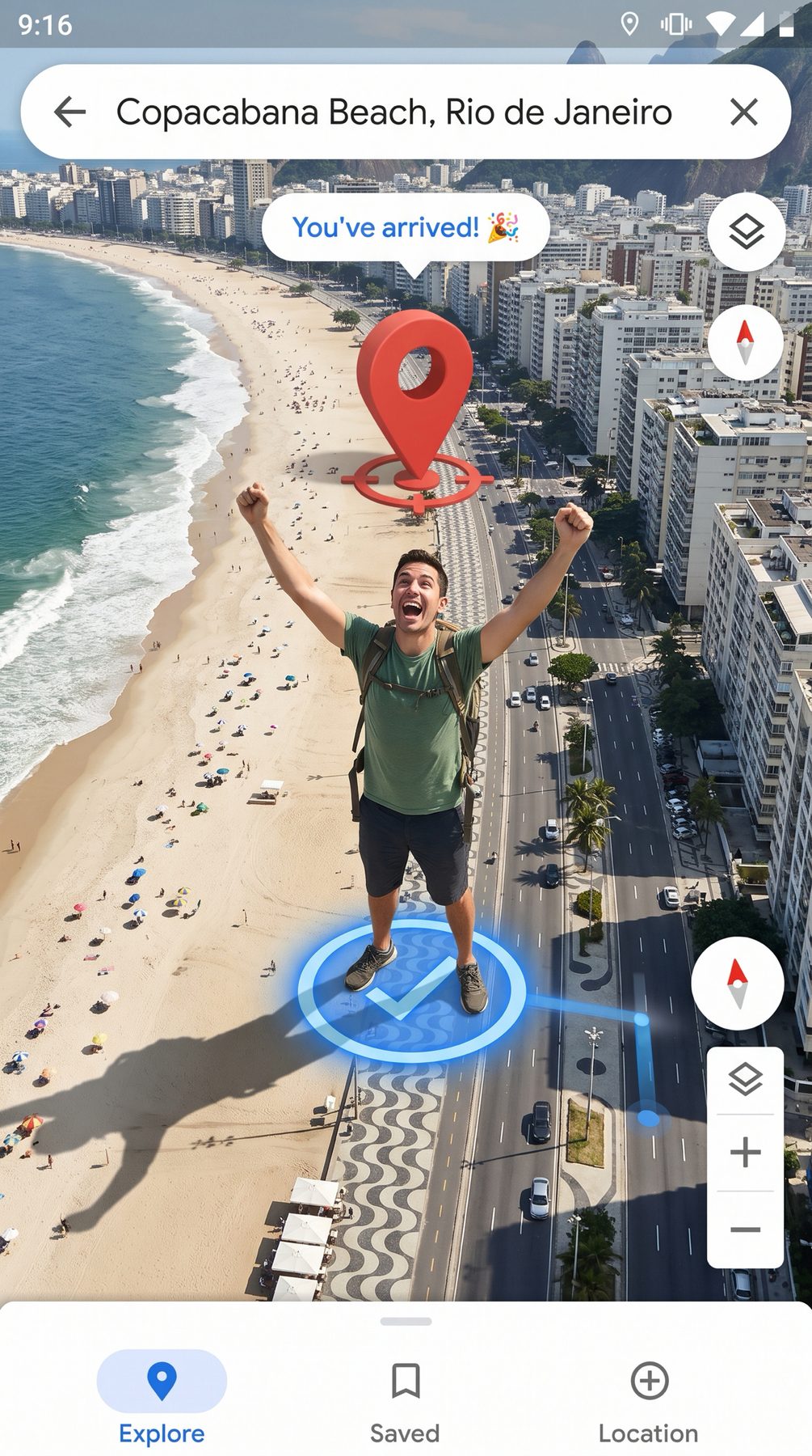 A traveler celebrates above Copacabana Beach in a Google Maps-style composite, made using a ChatGPT and Gemini AI Prompt.
