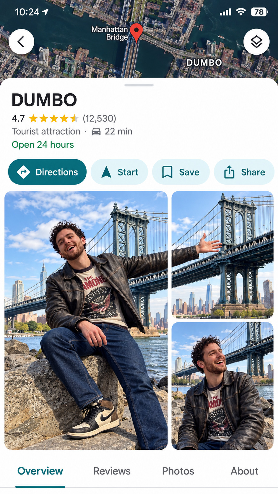 DUMBO map screenshot shows a man posing beside the Manhattan Bridge, created with an AI Prompt for ChatGPT and Gemini.