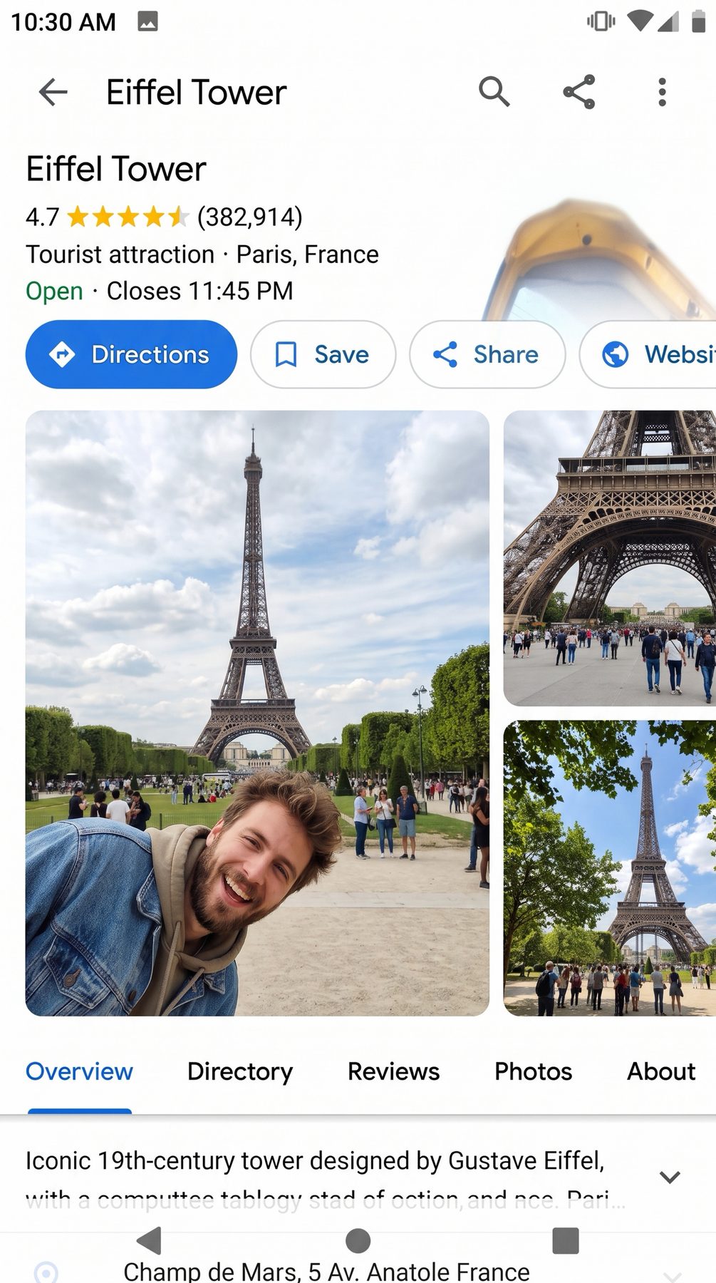 Google Maps Eiffel Tower listing pairs a tourist selfie with landmark photos, made using a ChatGPT and Gemini AI Prompt.