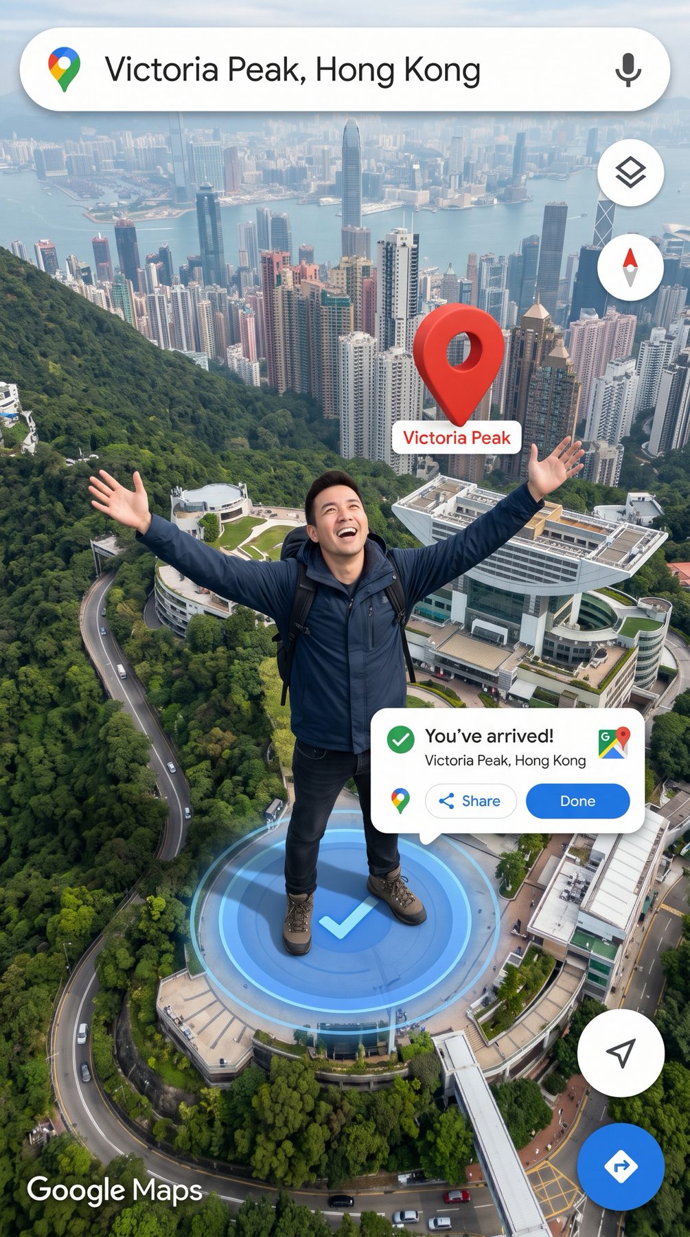 Traveler celebrates at Victoria Peak, Hong Kong in a Google Maps-style composite, made using a ChatGPT and Gemini AI Prompt.