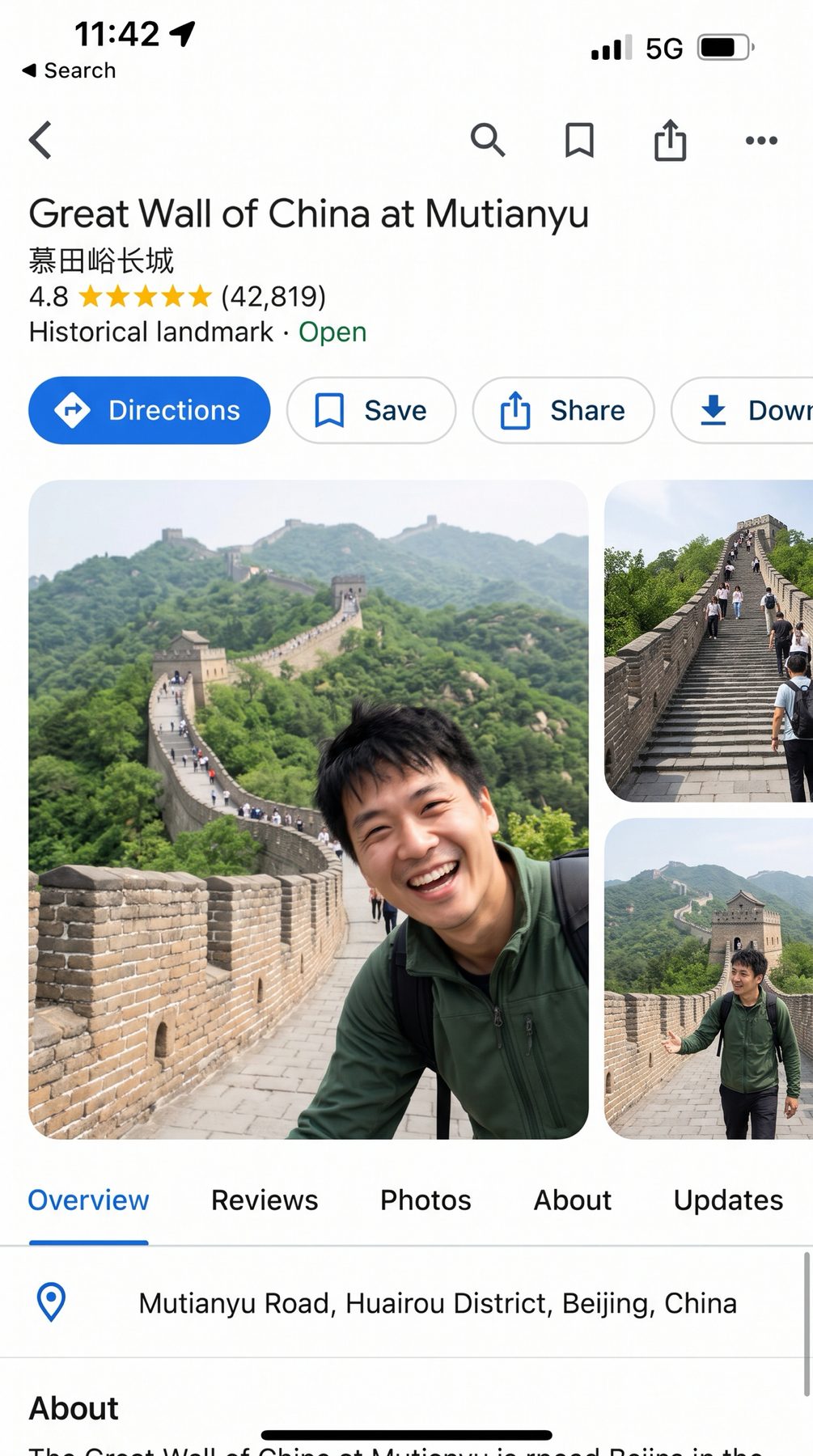 Google Maps listing shows a smiling visitor selfie beside Great Wall photos, generated with a ChatGPT and Gemini AI Prompt.