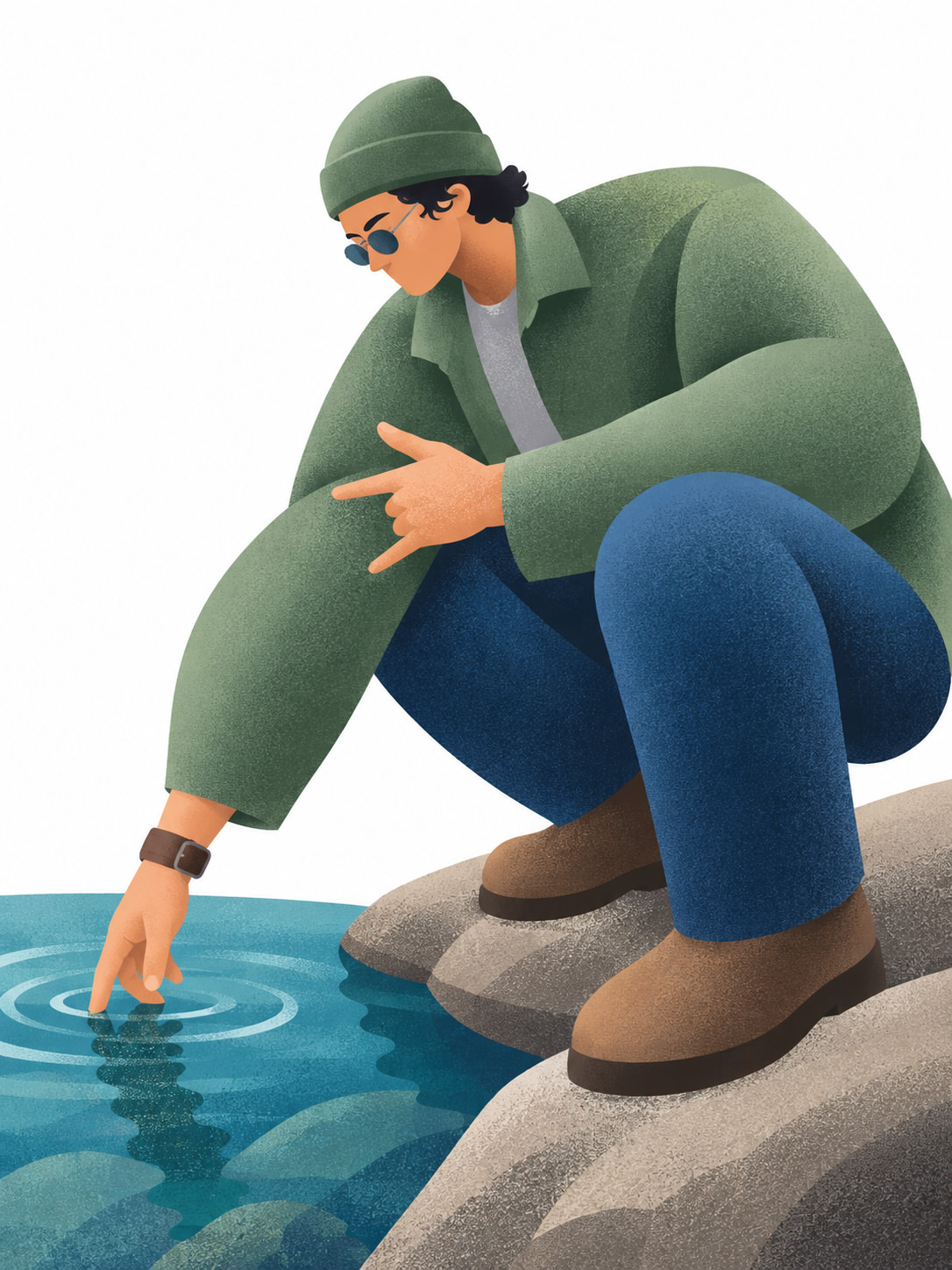 Stylized character in a green coat touches blue water from a rock, created with a ChatGPT and Gemini AI Prompt.