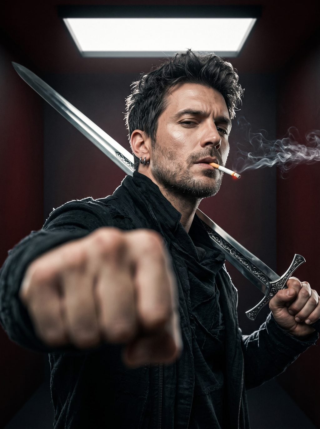 Gritty action portrait of a man with a sword, smoking cigarette and thrusting fist, made with a ChatGPT and Gemini AI Prompt.