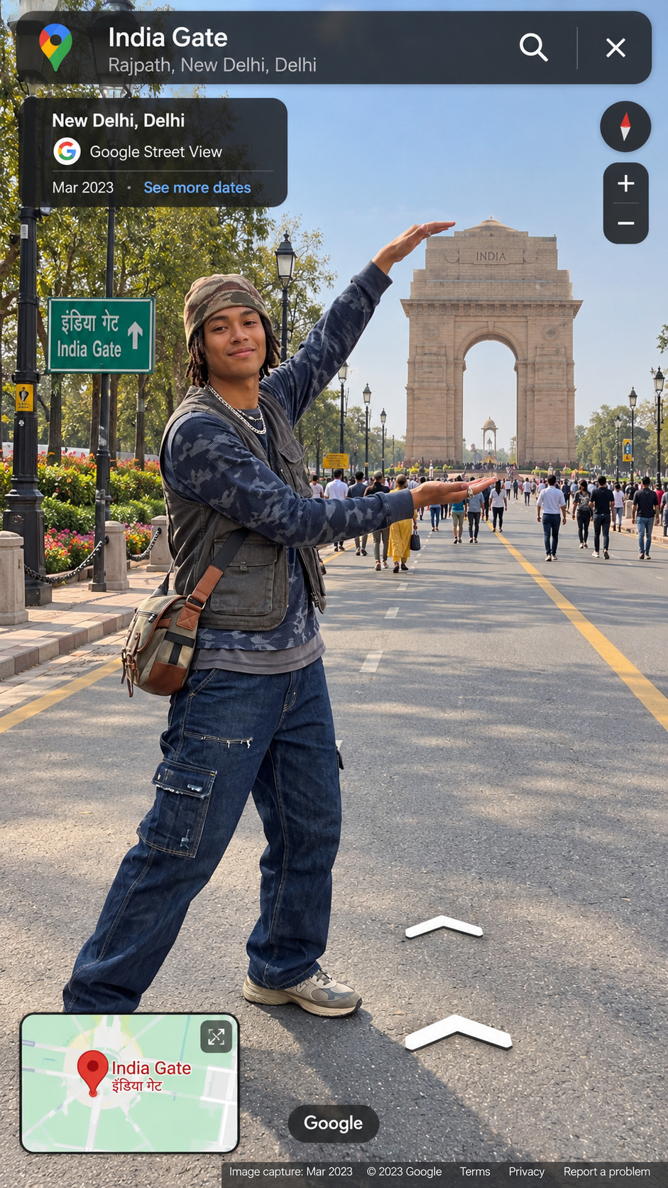 Traveler frames India Gate with raised hands in a Delhi street scene, created using a ChatGPT and Gemini AI Prompt.