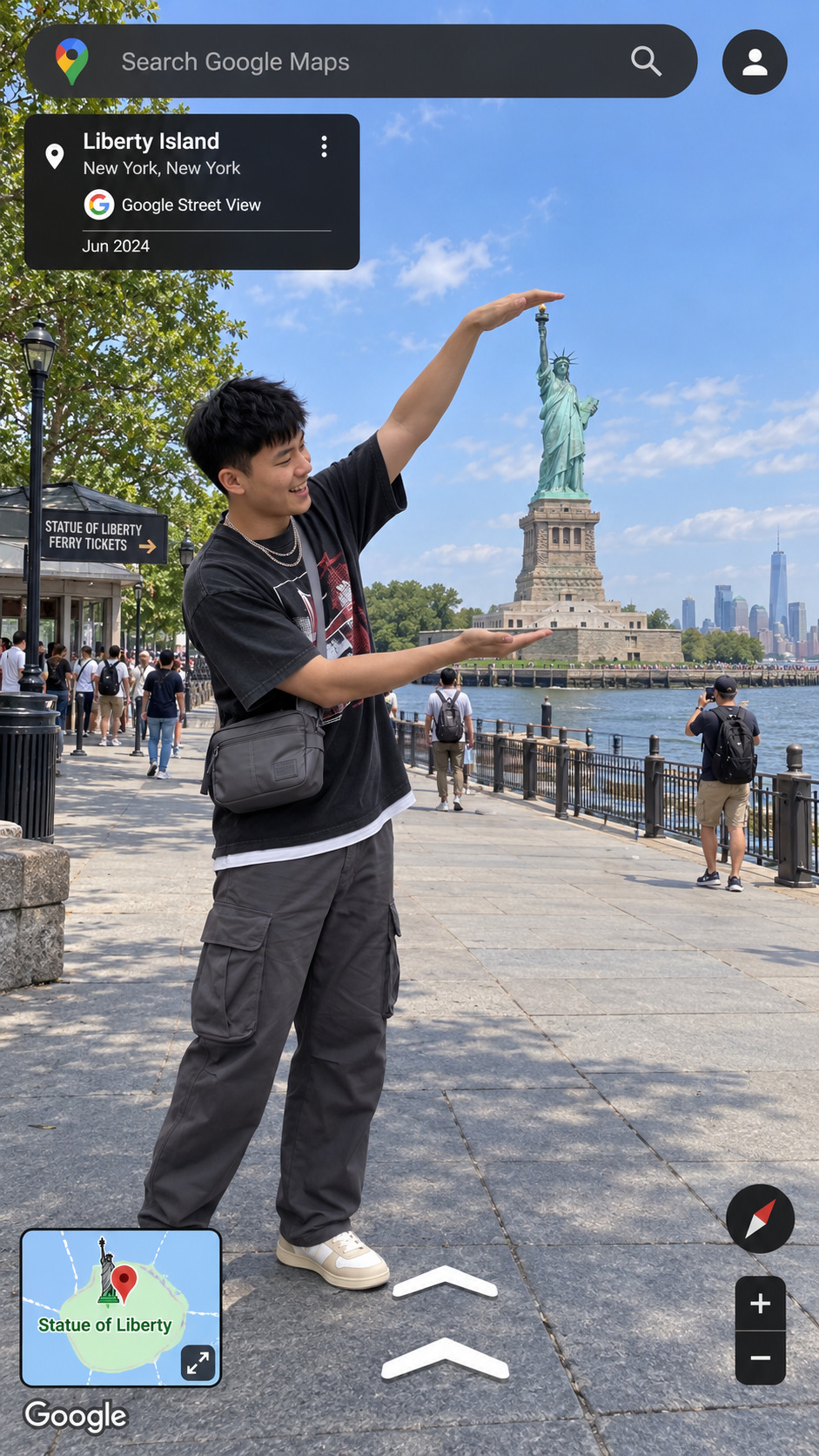 Traveler frames the Statue of Liberty between his hands at a sunny waterfront, created with a ChatGPT and Gemini AI Prompt.