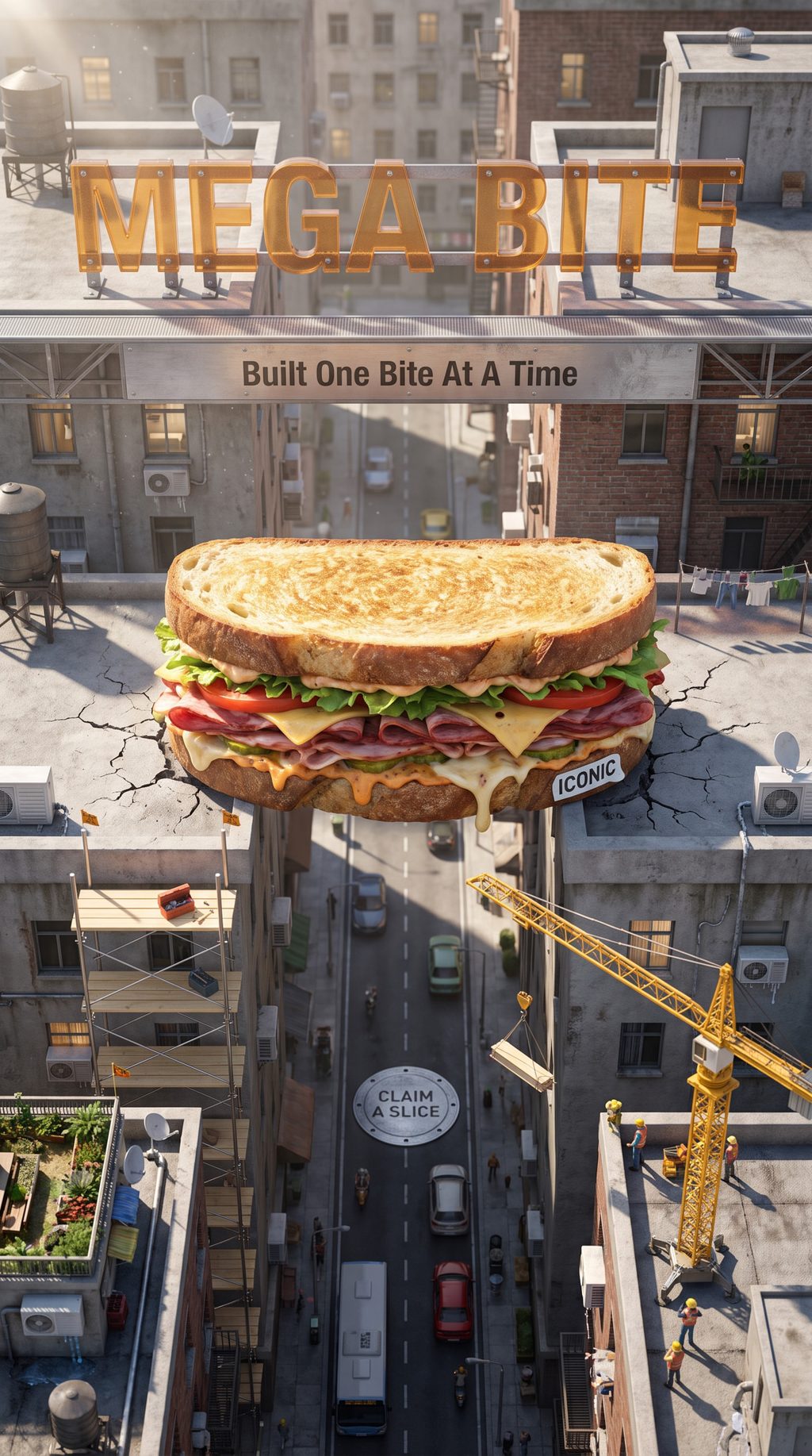 A giant sandwich floats above a miniature city street beneath a MEGABITE sign, created with a ChatGPT and Gemini AI Prompt.
