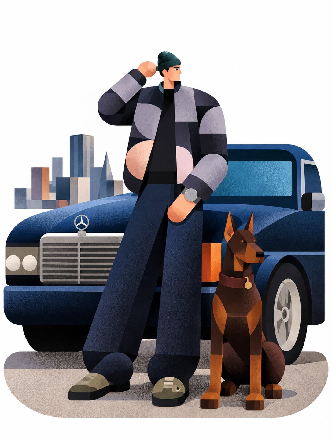 Geometric 3D illustration of a man and Doberman beside a blue vintage car, generated with a ChatGPT and Gemini AI Prompt.