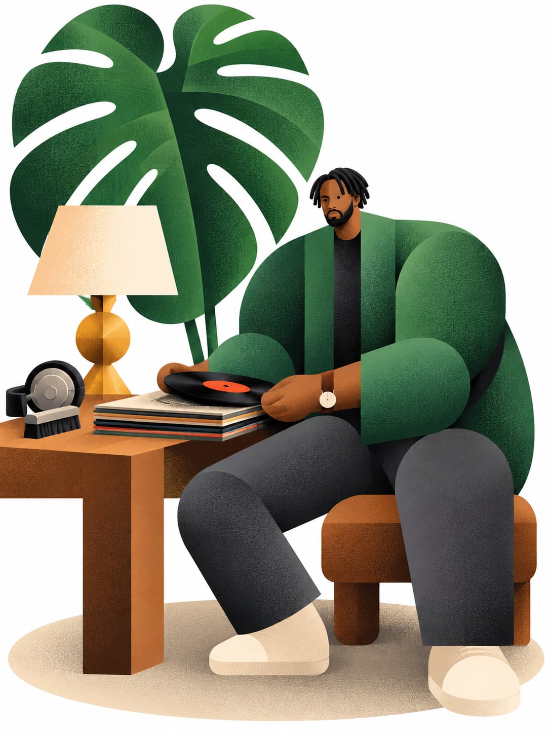 Man with vinyl record beside a lamp and plant, in 3D editorial art generated using an AI Prompt for ChatGPT and Gemini.