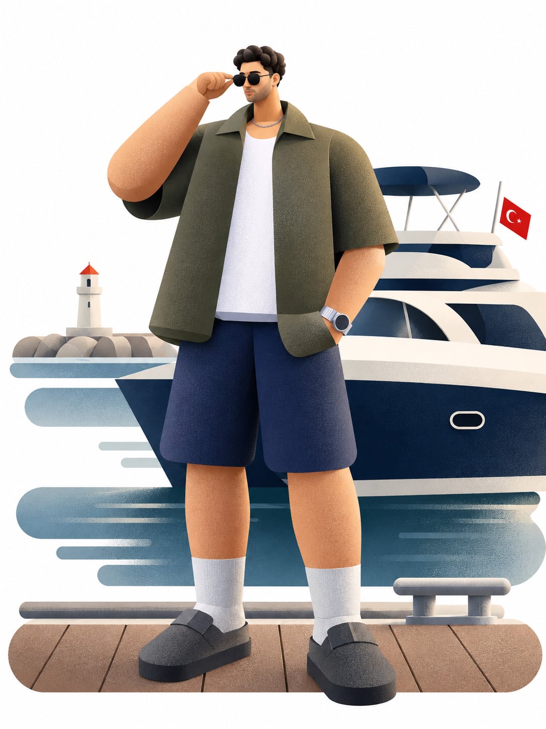 A modular 3D character in sunglasses stands beside a yacht and Turkish flag, made with an AI Prompt for ChatGPT and Gemini.