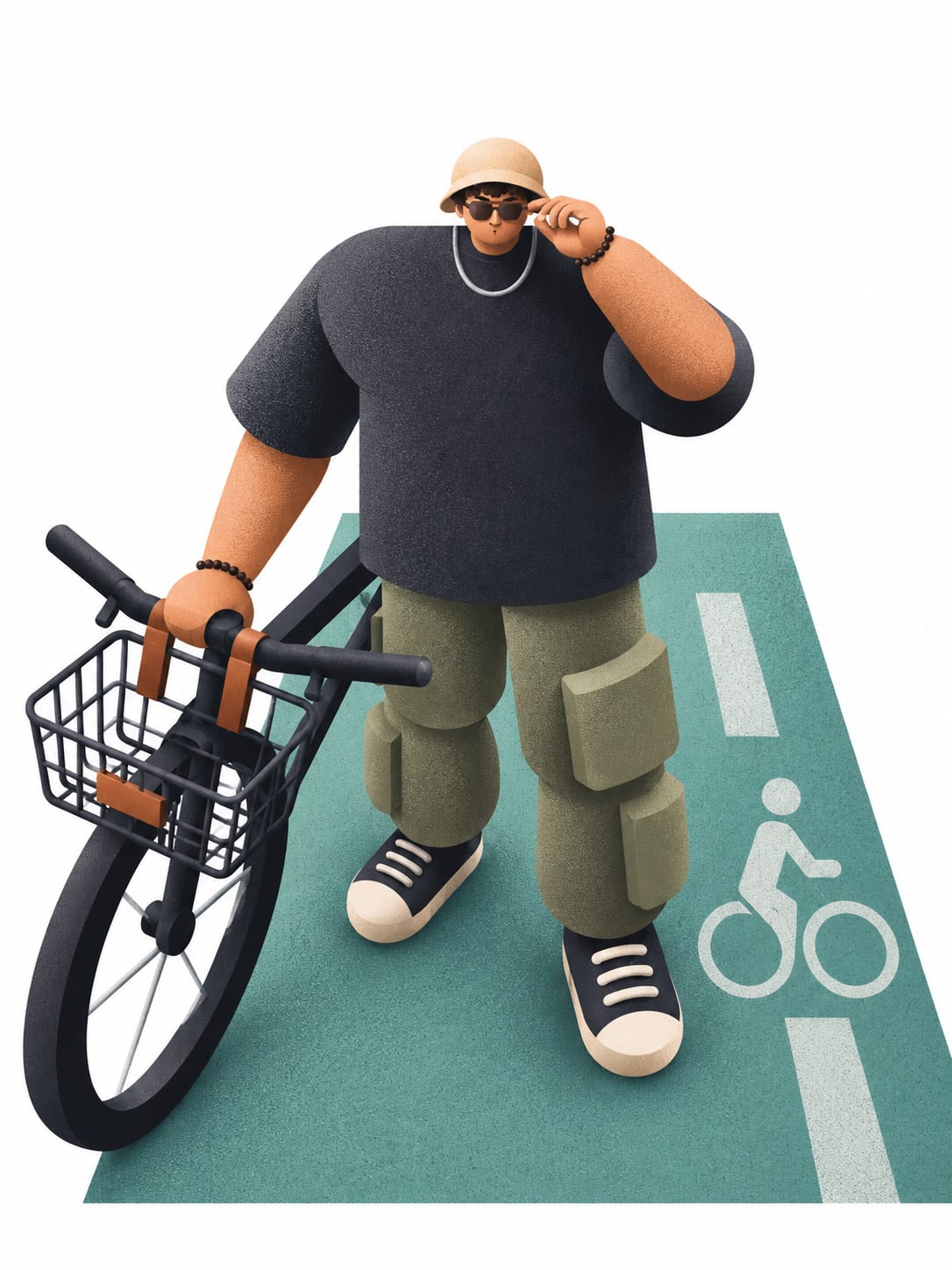 Modular 3D character wearing sunglasses stands beside a bicycle on a teal lane, generated with ChatGPT and Gemini AI Prompt.