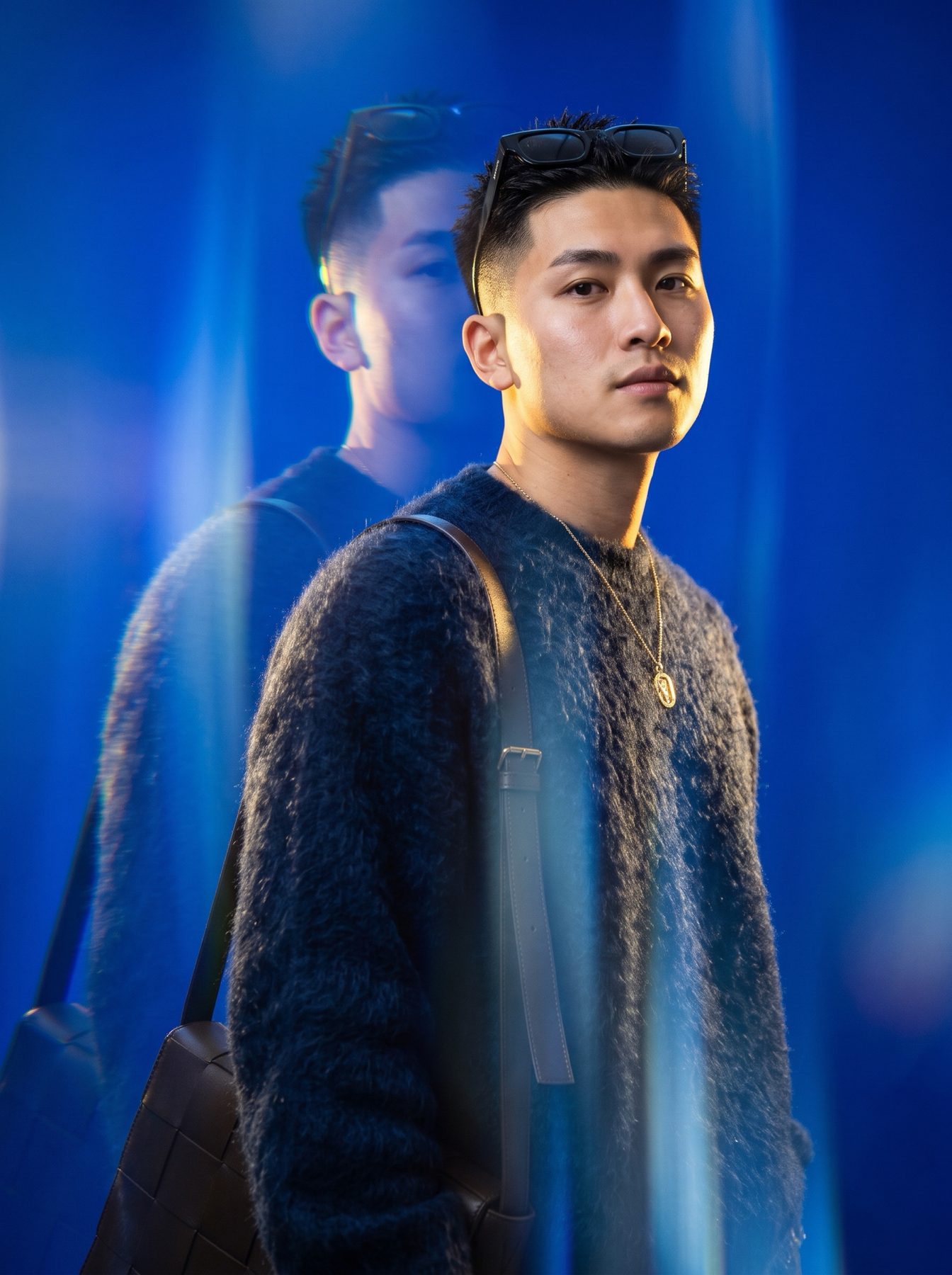Man in a dark sweater stands in blue neon light with a ghosted reflection, created using ChatGPT and Gemini AI Prompt.