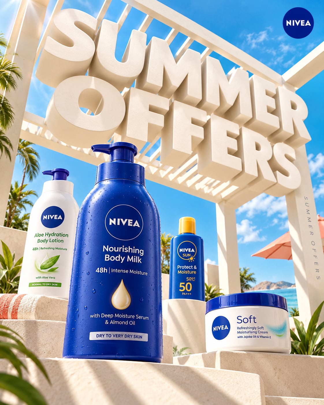 Nivea skincare products on sunlit steps beneath bold summer offer lettering, made with a ChatGPT and Gemini AI Prompt.