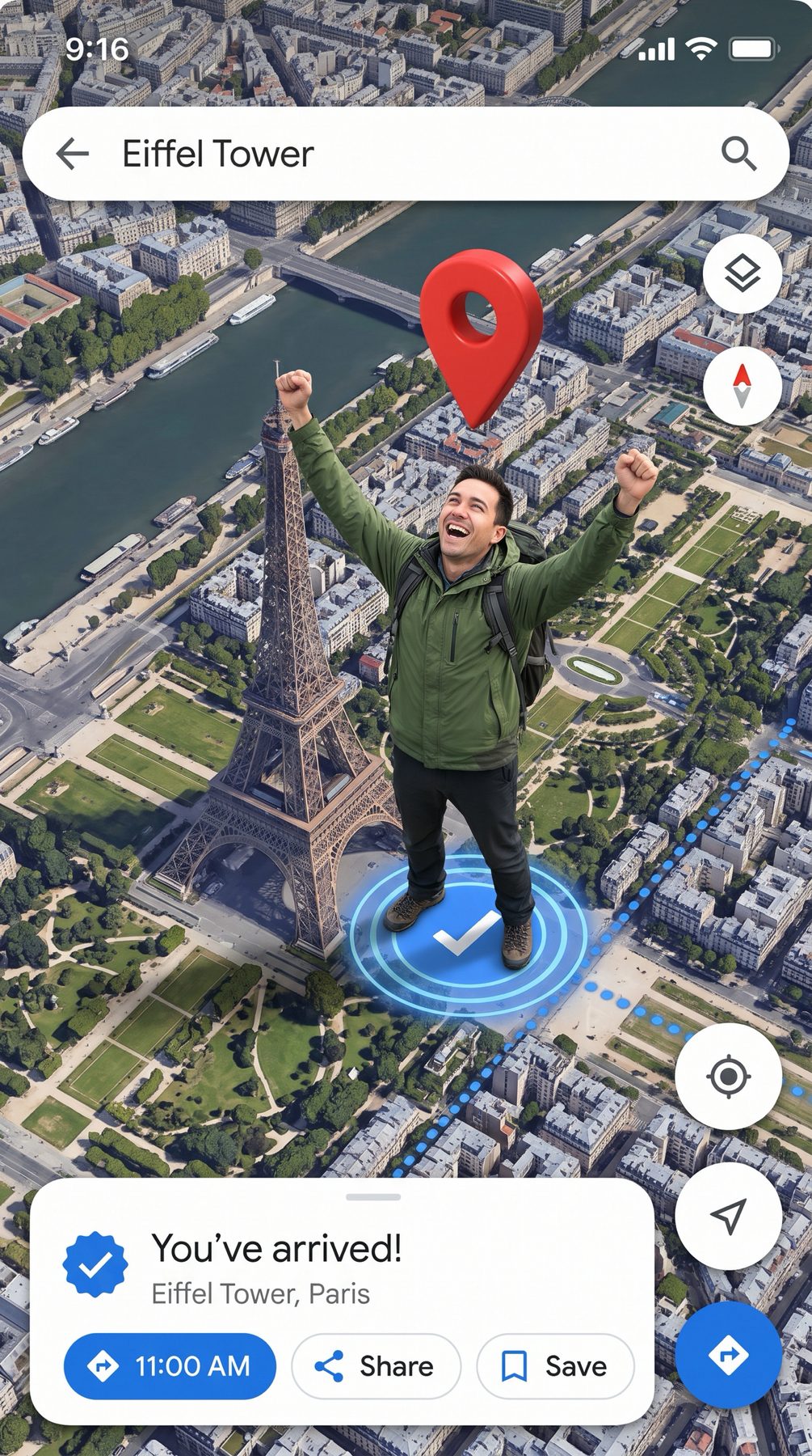 Traveler celebrates at the Eiffel Tower beneath a red map pin on a map screen, made with an AI Prompt for ChatGPT and Gemini.