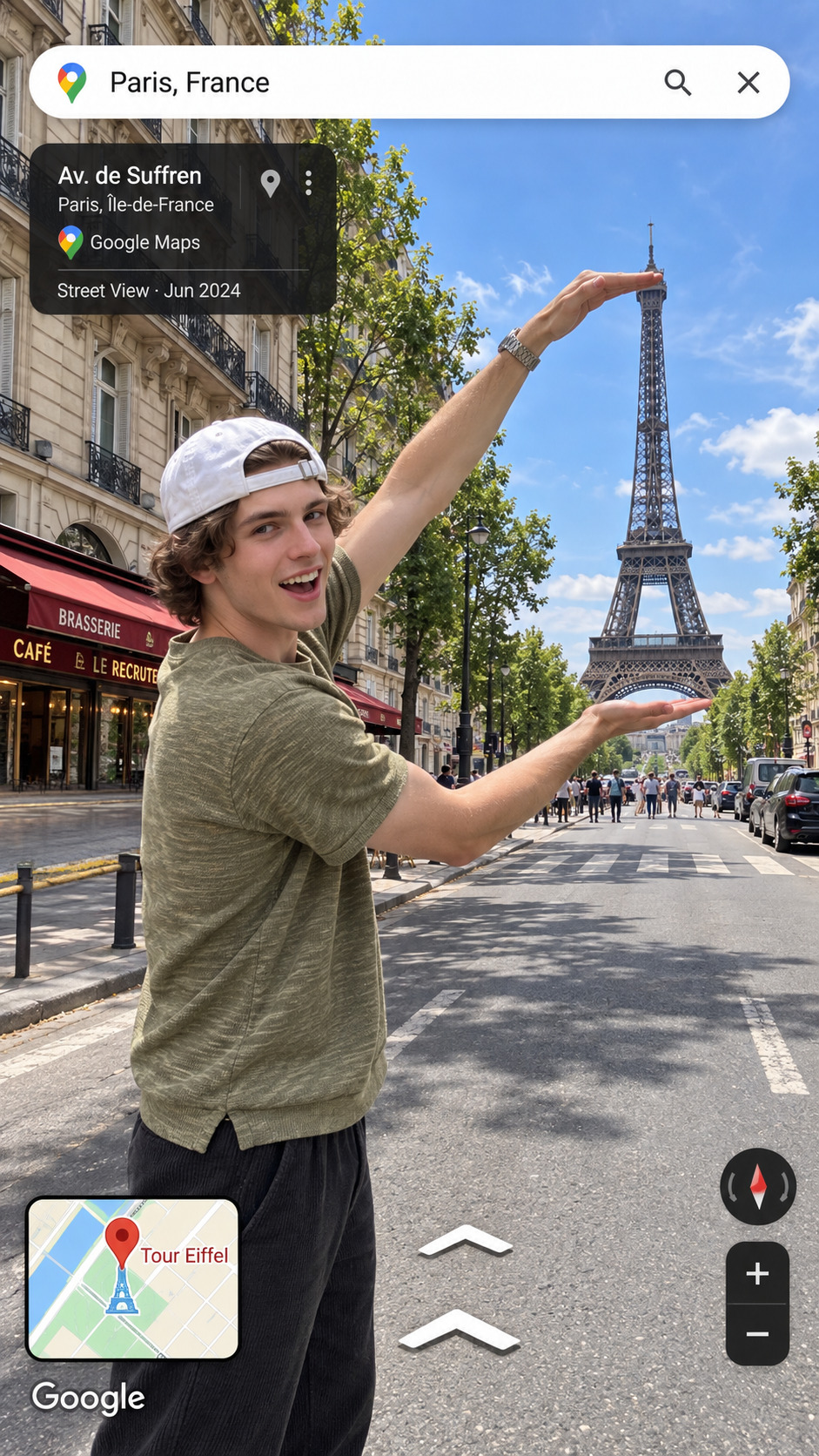 A traveler balances the Eiffel Tower between raised hands on a Paris street, made using a ChatGPT and Gemini AI Prompt.