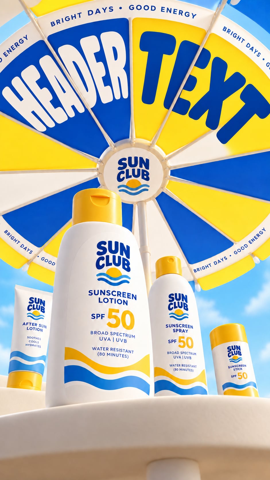 Blue and yellow sun parasol frames branded SPF 50 skincare bottles in a 3D display, made with an AI Prompt for ChatGPT and Gemini.