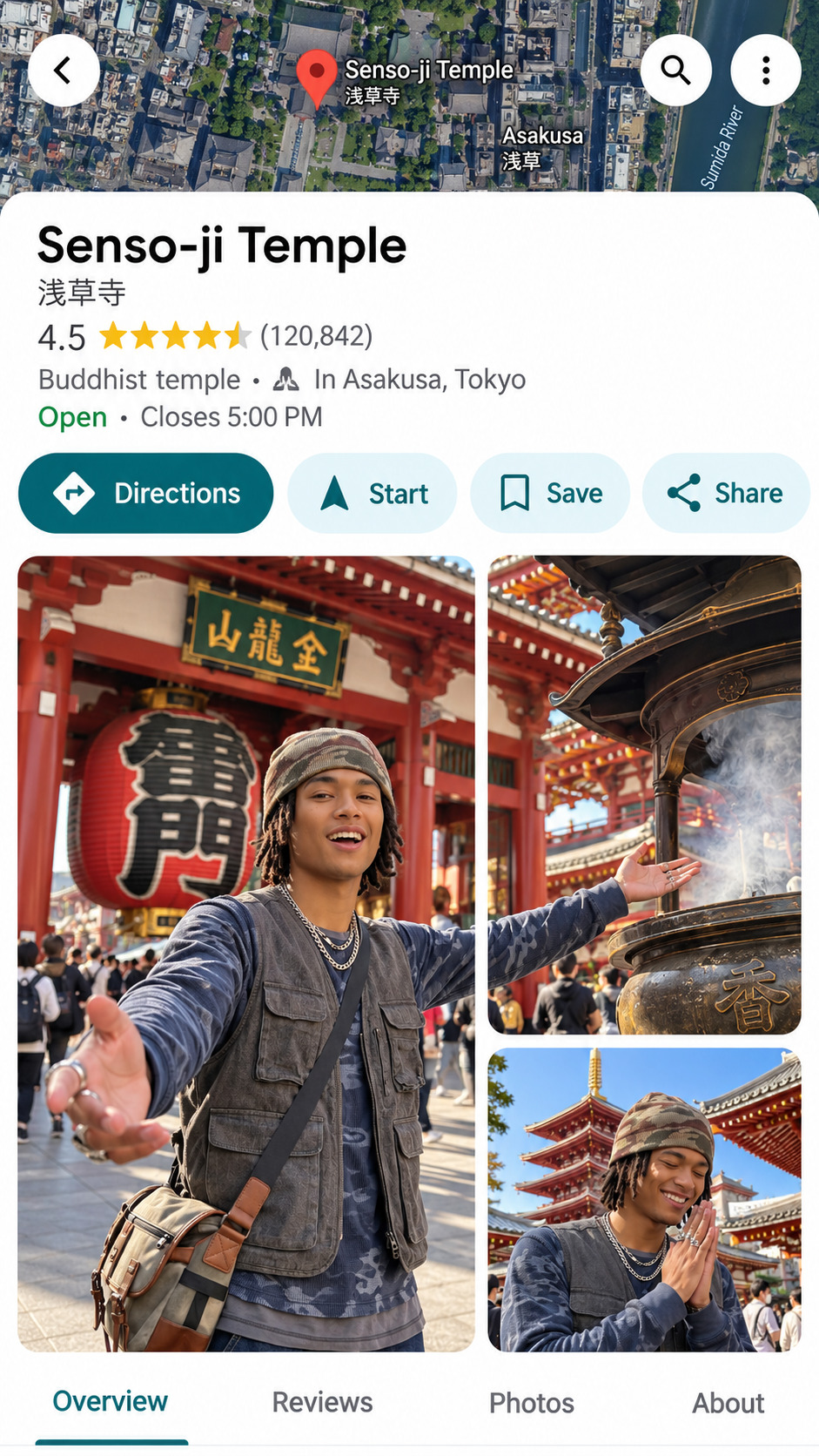 Google Maps-style Senso-ji Temple listing shows a traveler in a photo collage, generated with a ChatGPT and Gemini AI Prompt.