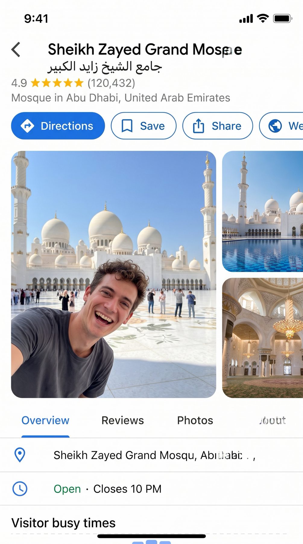 Google Maps shows a smiling visitor selfie at Sheikh Zayed Grand Mosque, made with an AI Prompt for ChatGPT and Gemini.
