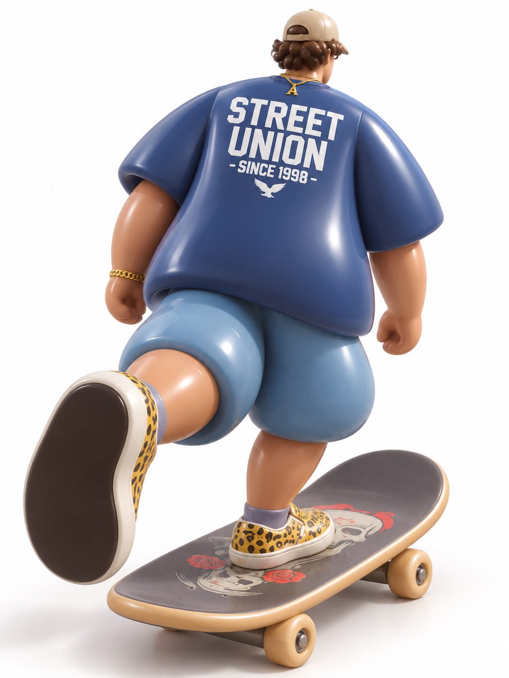 3D streetwear toy figure skateboards in a blue shirt and spotted sneakers, made with ChatGPT and Gemini AI Prompt.