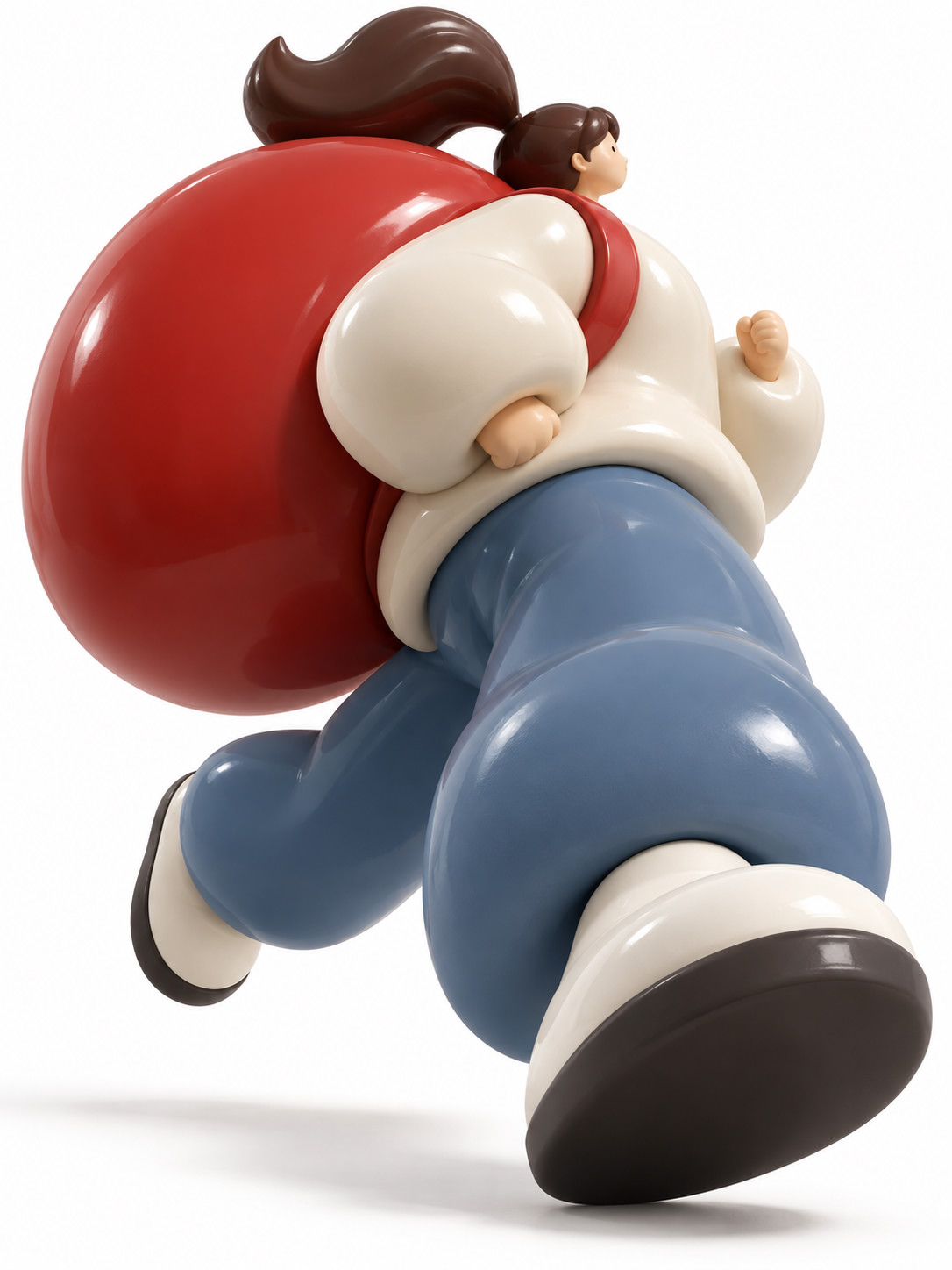 Glossy 3D toy figure in a cream top and blue pants runs with a red backpack, made using a ChatGPT and Gemini AI Prompt.