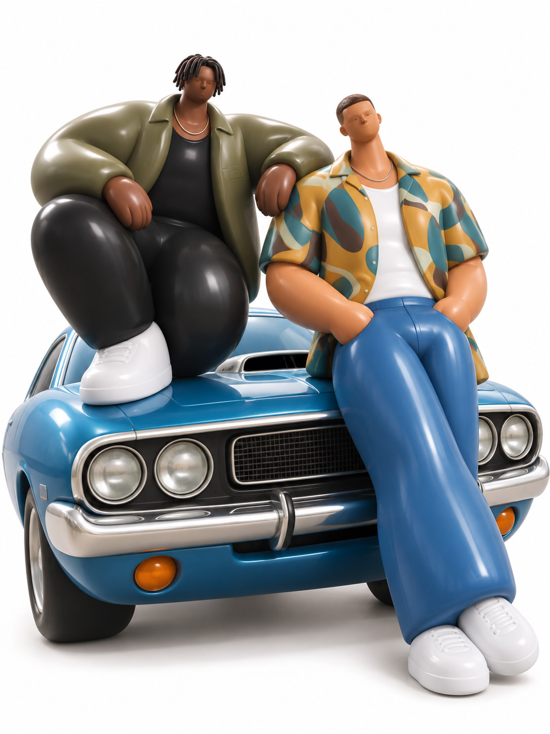 Two streetwear toy figures pose on a blue classic car in a glossy 3D render, created with a ChatGPT and Gemini AI Prompt.