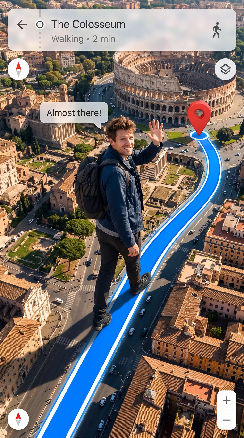 A tourist stands on a blue route to the Colosseum in a surreal map scene, generated with ChatGPT and Gemini AI Prompt.