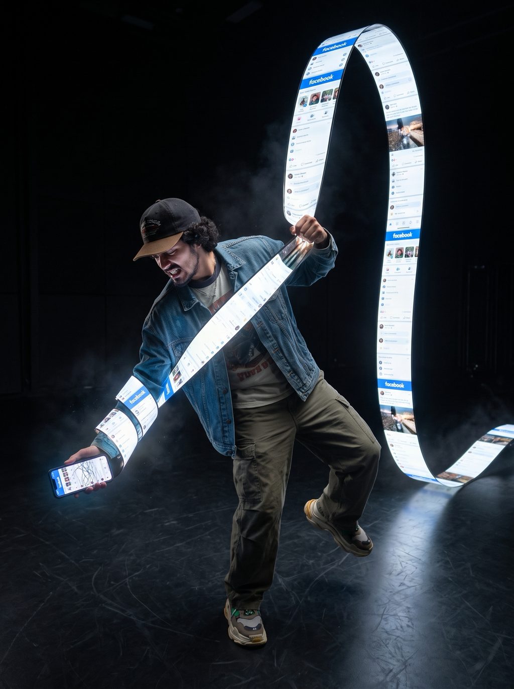 Man pulls a Facebook feed into a ribbon, surreal dark studio social media art made with a ChatGPT and Gemini AI Prompt.