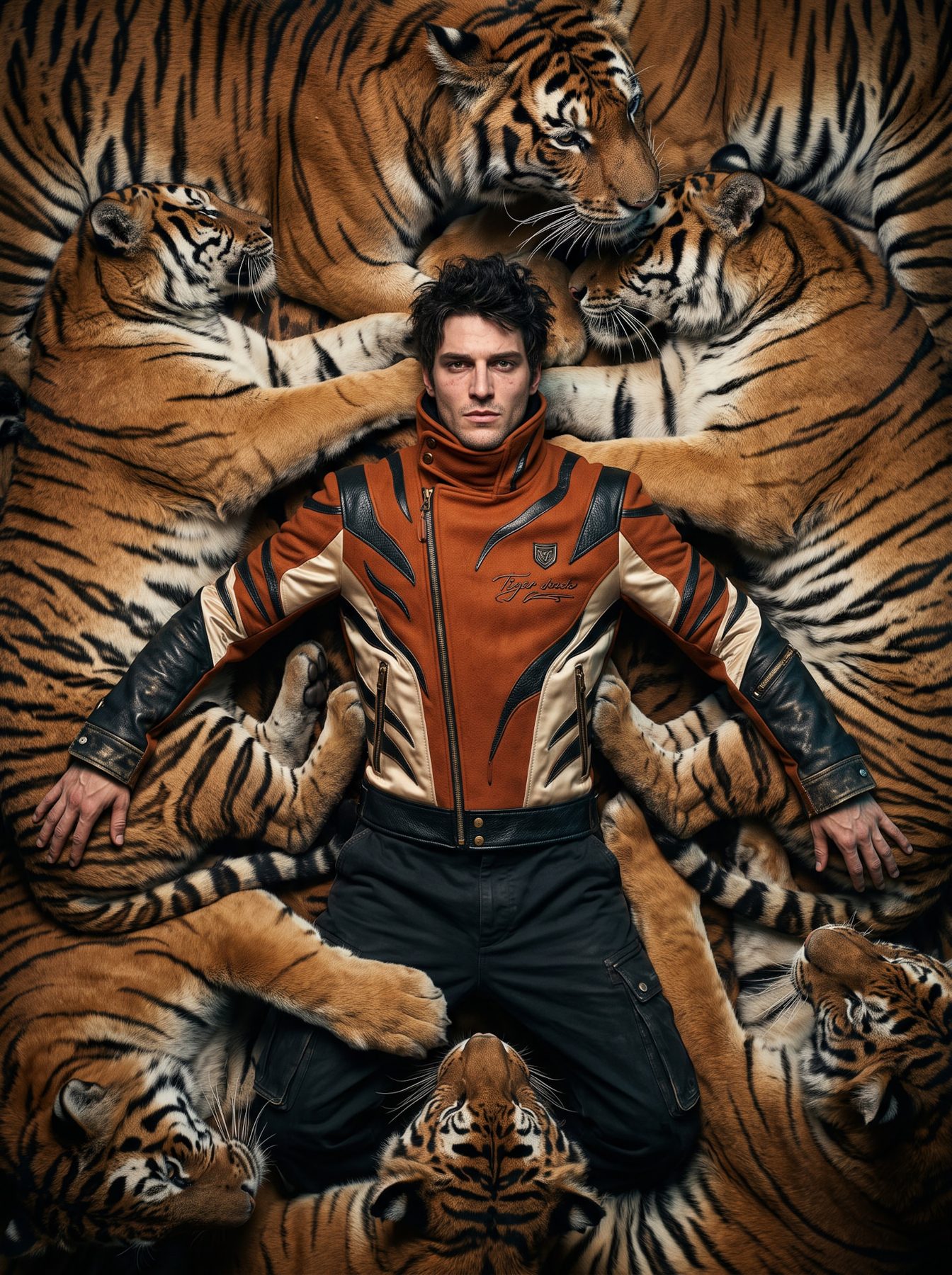 A man in a rust jacket surrounded by tigers, in a surreal editorial portrait made with a ChatGPT and Gemini AI Prompt.