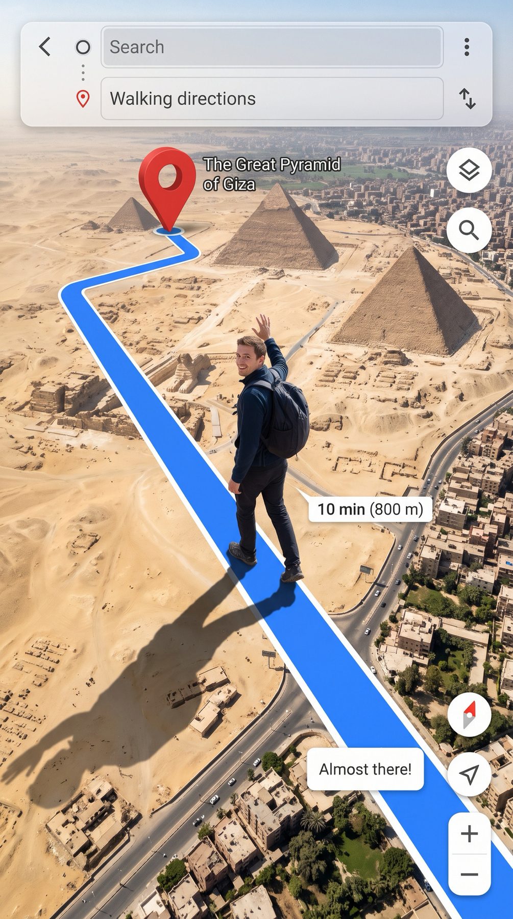 A man follows a blue map route to the Great Pyramid of Giza in a surreal scene, created with a ChatGPT and Gemini AI Prompt.