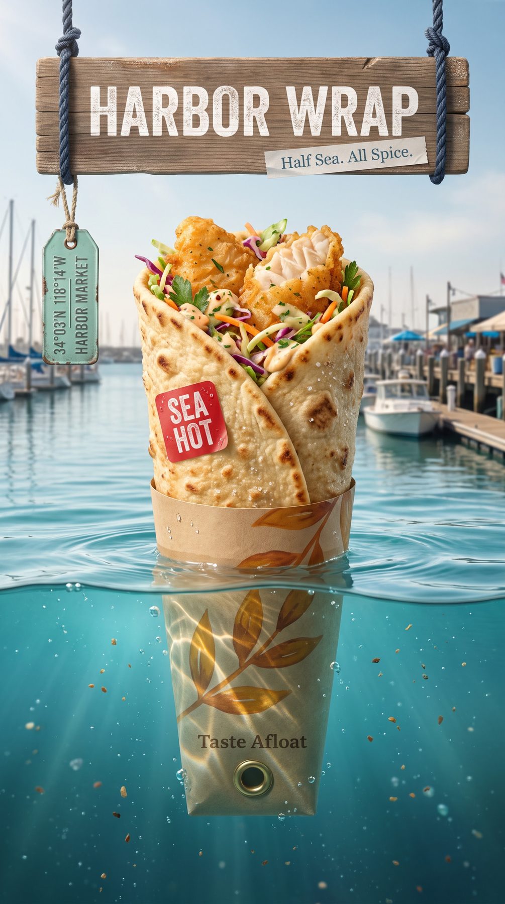 A seafood wrap floats at a marina, split above and below water, in a surreal ad made using our ChatGPT and Gemini AI Prompt.