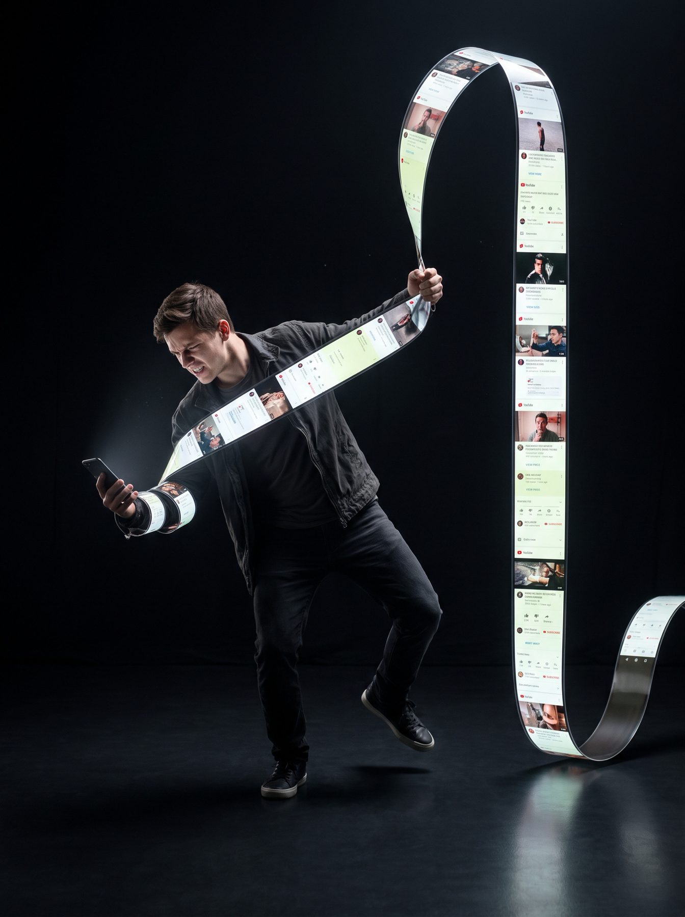 A man pulls a social media feed ribbon from his phone in a dark surreal scene, created with a ChatGPT and Gemini AI Prompt.