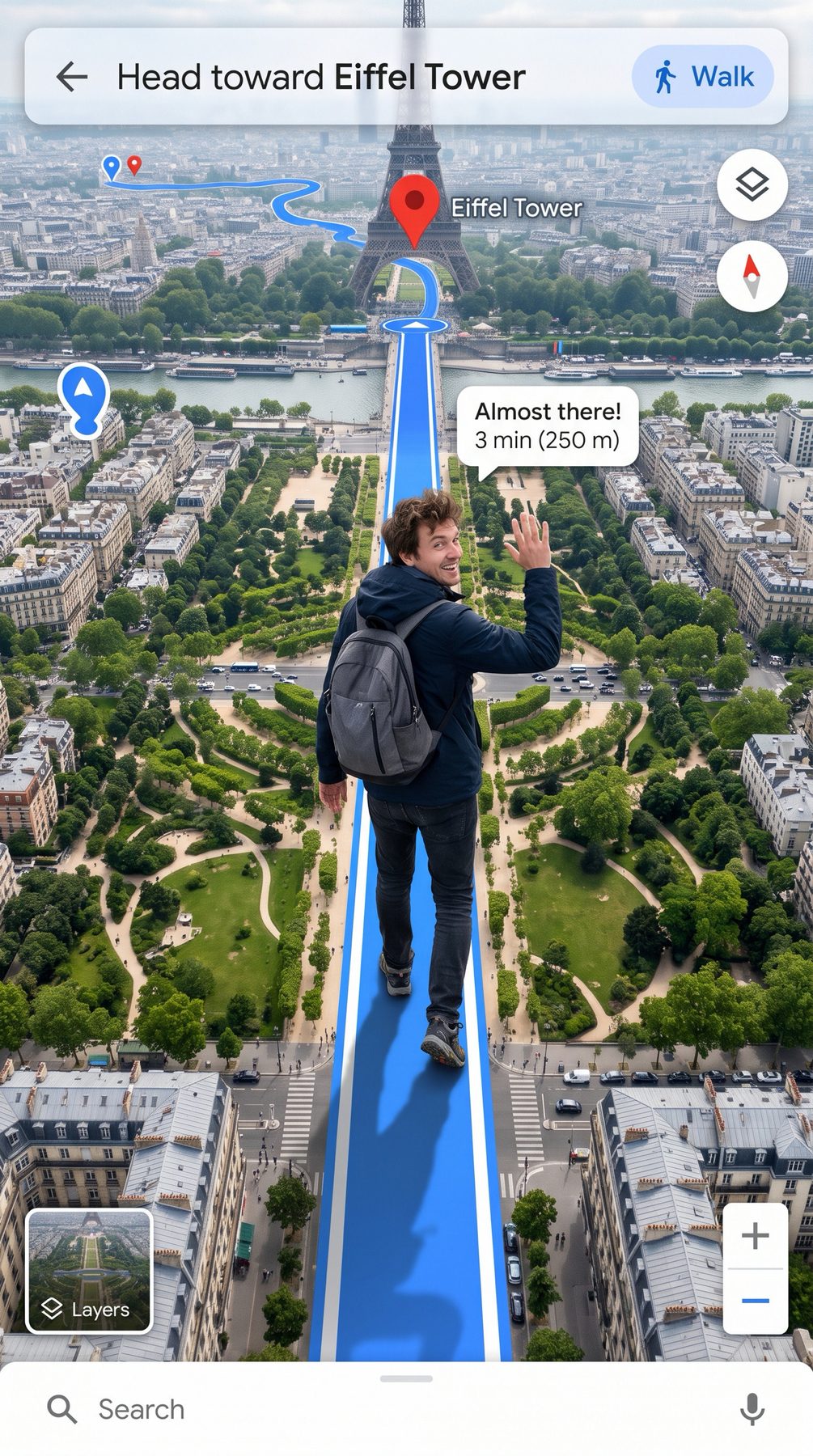 A tourist walks a blue map route through Paris toward the Eiffel Tower, made with a surreal ChatGPT and Gemini AI Prompt.