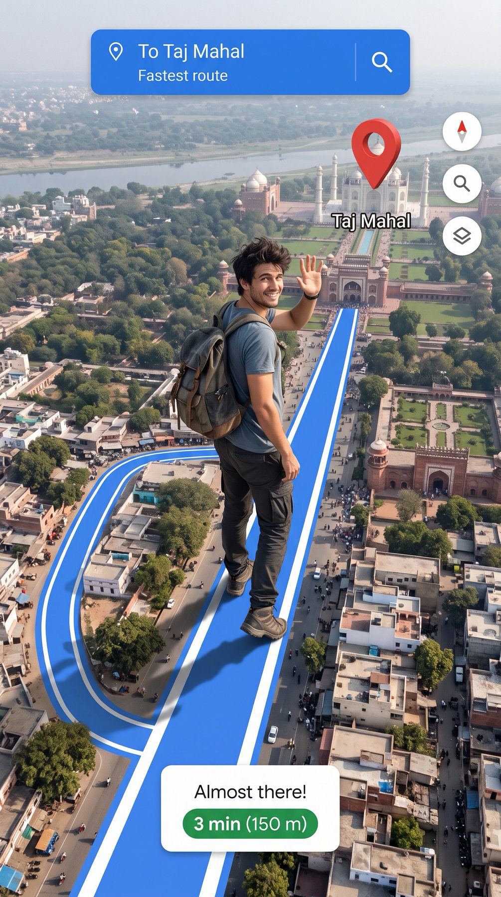 Tourist follows a blue map route toward the Taj Mahal in a surreal scene, generated using a ChatGPT and Gemini AI Prompt.