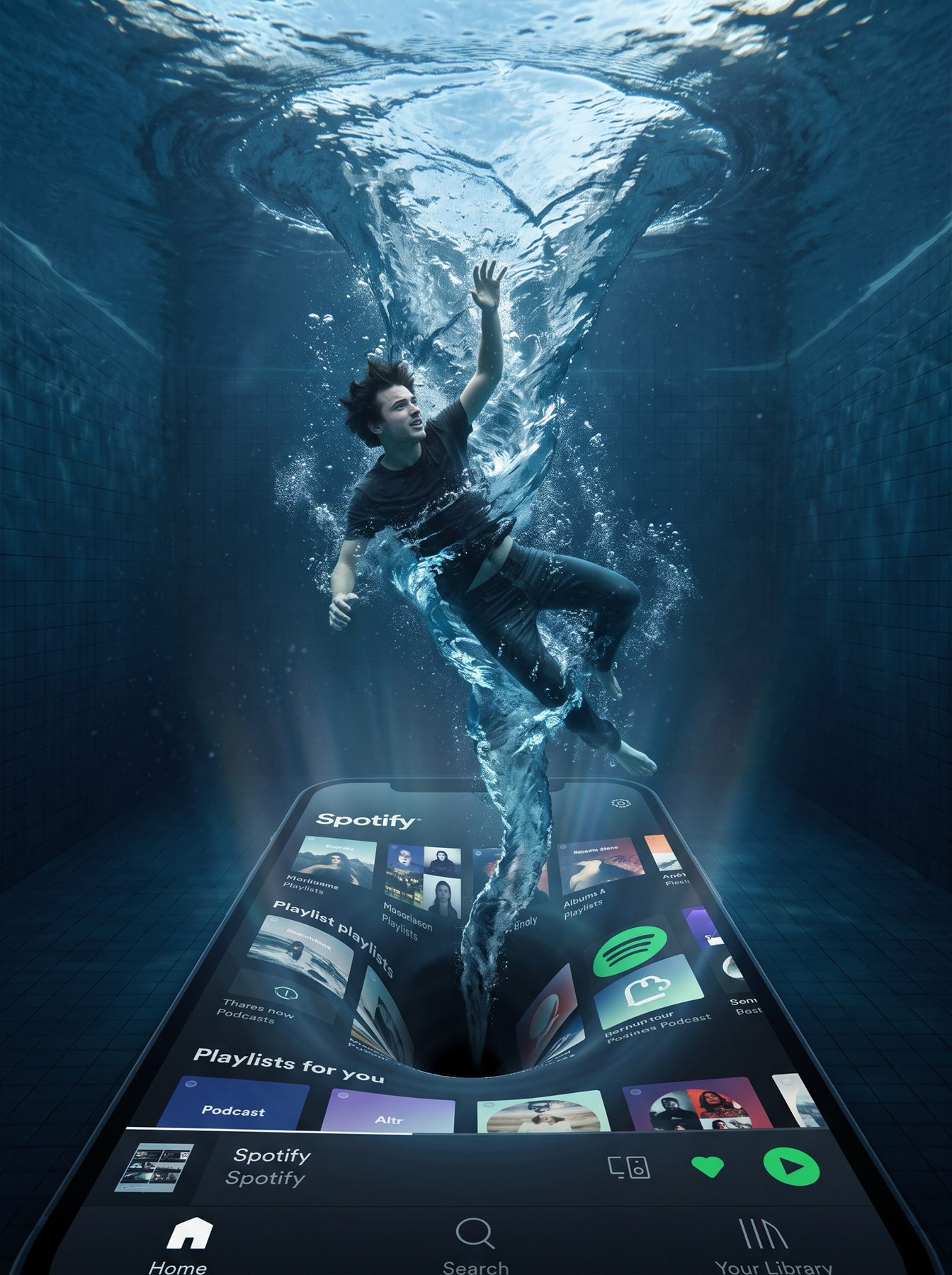 A man rises through a music app portal underwater in a surreal blue scene, generated with our ChatGPT and Gemini AI Prompt.