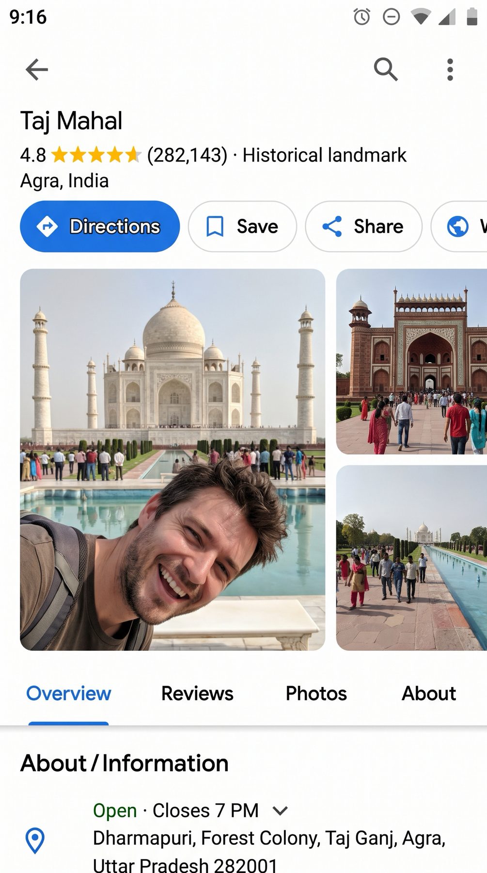 Google Maps-style Taj Mahal listing shows a smiling traveler selfie before the landmark, made with a ChatGPT and Gemini AI Prompt.