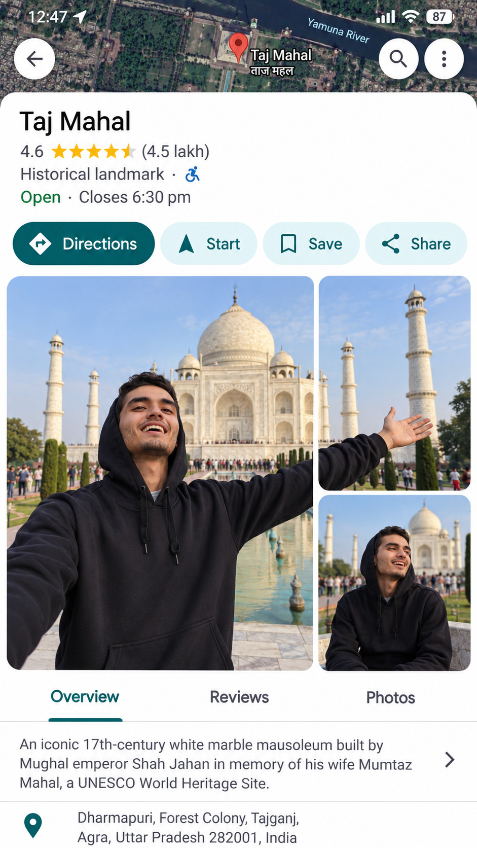 Taj Mahal map listing with a smiling traveler posing before the monument, generated using a ChatGPT and Gemini AI Prompt.