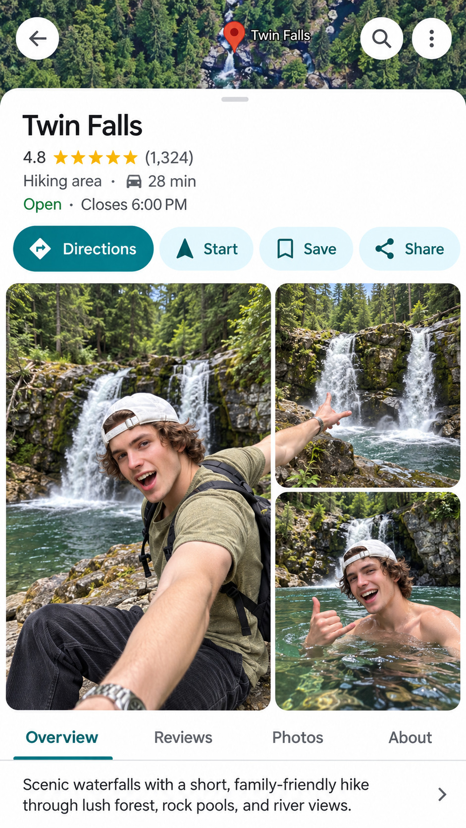 Map-style Twin Falls listing with a hiker posing by forest waterfalls, generated using a ChatGPT and Gemini AI Prompt.