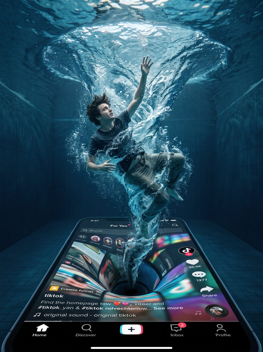 A young man rises through a swirling underwater portal above a social media phone, created with a ChatGPT and Gemini AI Prompt.