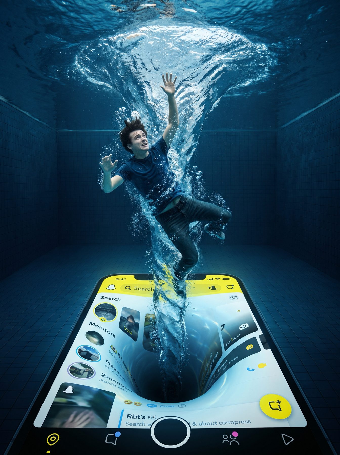 A man rises through an underwater social media phone portal in a surreal blue scene, made with ChatGPT and Gemini AI Prompt.