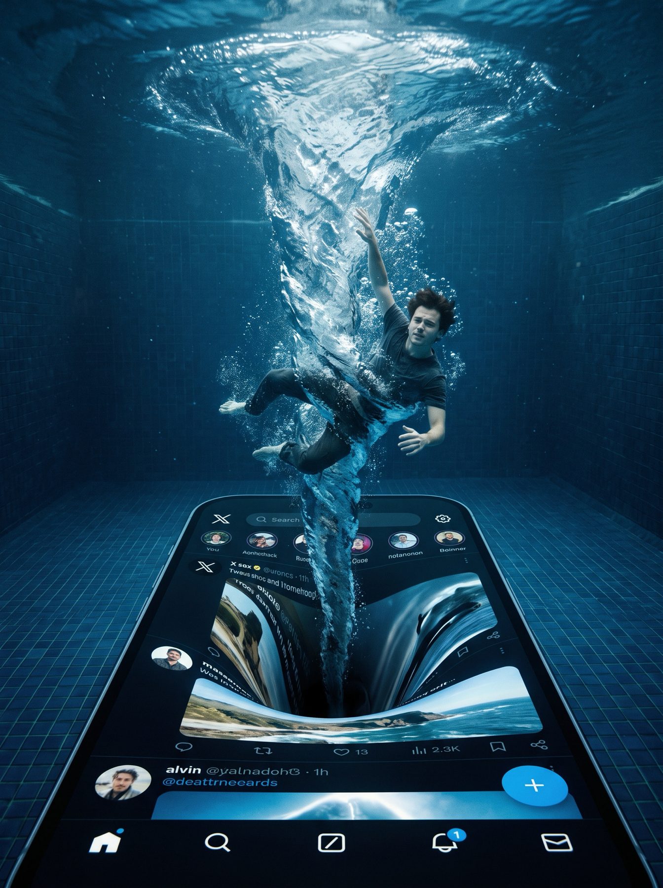 A man rises from a social media phone through a swirling underwater portal, created with a ChatGPT and Gemini AI Prompt.