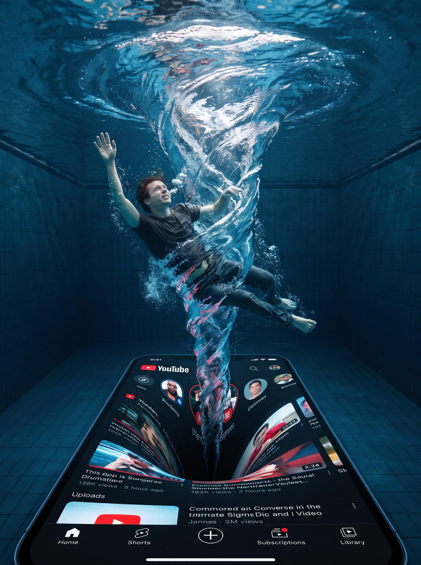 A man floats through a swirling underwater vortex above a phone screen, created with a ChatGPT and Gemini AI Prompt.