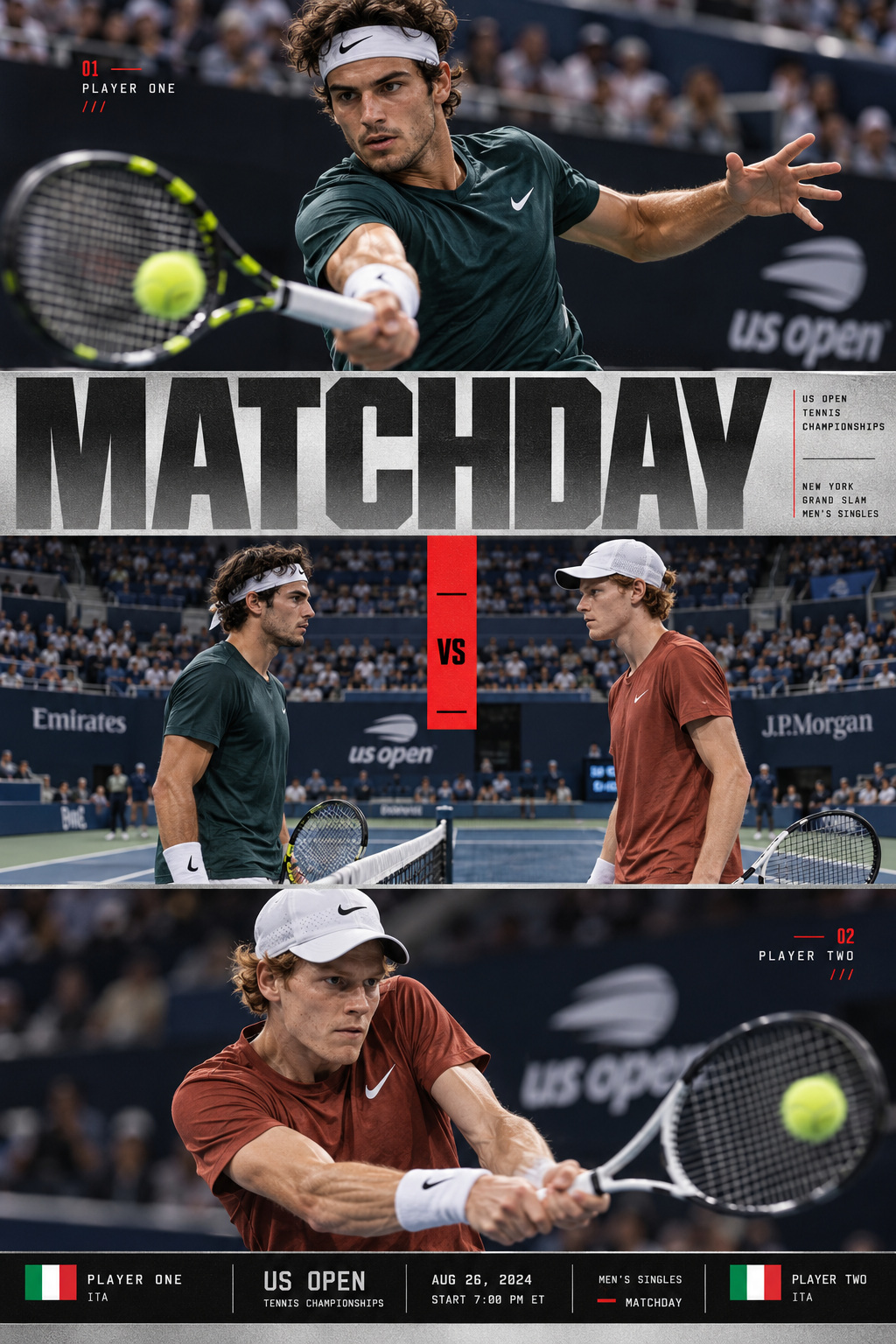 US Open matchday poster shows two tennis players facing off in action, created using a ChatGPT and Gemini AI Prompt.