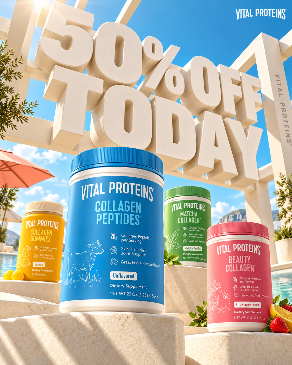 Colorful collagen jars beneath giant sale lettering in a sunny summer display, made with an AI Prompt for ChatGPT and Gemini.