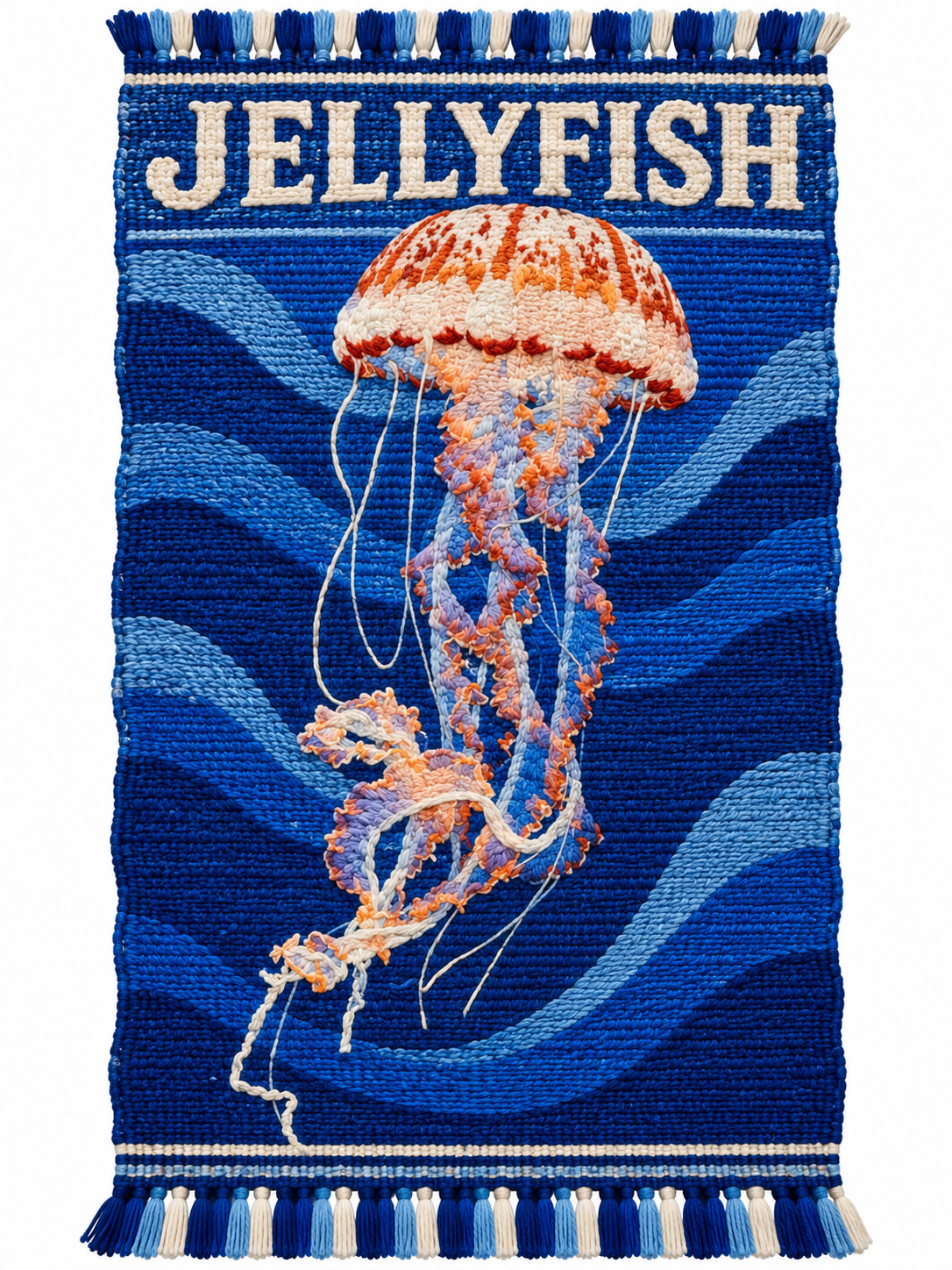 A colorful woven textile shows an orange-and-cream jellyfish over blue waves, made using a ChatGPT and Gemini AI Prompt.